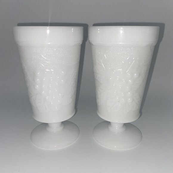 Anchor Hocking White Milk Glass Grape Leaves 5 3/4” Footed Goblet  Set Of 2 - Picture 4 of 11
